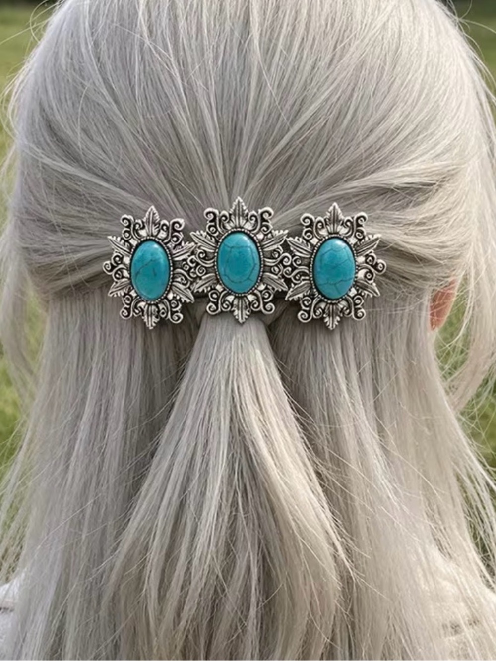 Western Barrette Turquoise Stone Silver Hair Barrette - Women Accessories